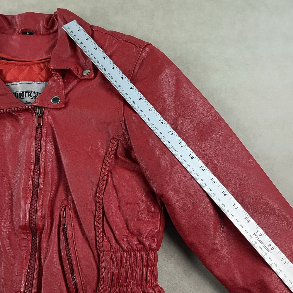Unik Ultra Red Womens Leather Motorcycle Jacket Removable Liner Large Braid Trim - Picture 15 of 16